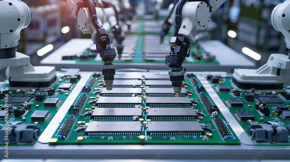 Poster Industrial technology in a manufacturing factory. Robots and machines for automated production processes. Advanced engineering and modern equipment ensure precision and efficiency