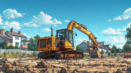 The drawing shows construction and there are construction workers and engineers in the area at the construction site illustration vector
