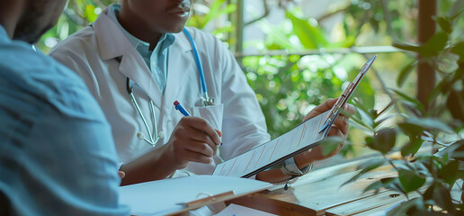 doctor sitting his desk holding empty clipboard writing one hand while talking patient front of him closeup shot realistic photography style using bright color natural light There green plant