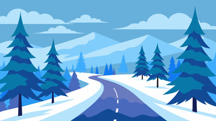 Landscape of a winter road in a pine forest and snowy weather vector  illustration 