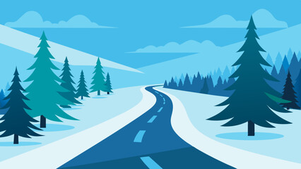 Landscape of a winter road in a pine forest and snowy weather vector  illustration 