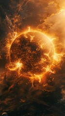 Close-up of the sun with solar flares and eruptions against a backdrop of stars. A vivid representation of solar magnetic activity. Perfect for scientific and educational use