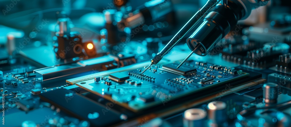 Poster Closeup of a technology circuit board with microchips and processors. Industrial and digital components, perfect for engineering and science themes. Detailed view of electronic