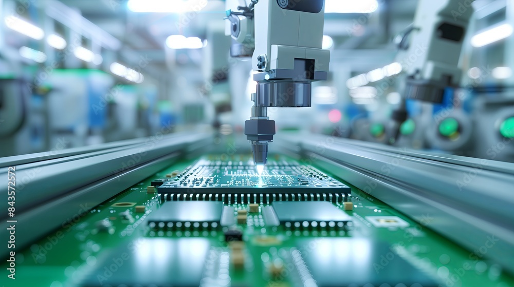 Poster Industrial technology in a manufacturing factory. Robots and machines for automated production processes. Advanced engineering and modern equipment ensure precision and efficiency