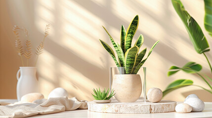 Tropical plant in vase on white wooden table. 3d rendering