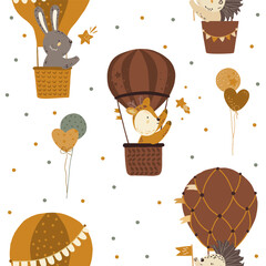 Seamless pattern. Vector illustration with forest animals. A wolf, a hare, a badger, a bear and a hedgehog are flying in balloons. Set of animals in cartoon style.