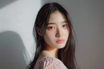 a woman with long hair and a pink dress