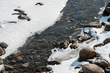 View of the flowing water at the frozen stream