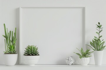 White frame mockup on a shelf with a green plant and decorative objects, against a white background