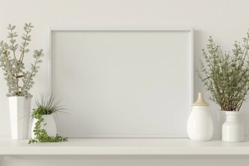 White frame mockup on a shelf with a green plant and decorative objects, against a white background
