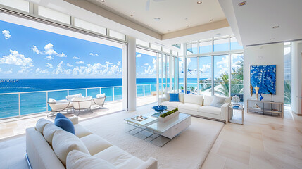 Luxury living room with sea view, nobody inside. Nobody inside