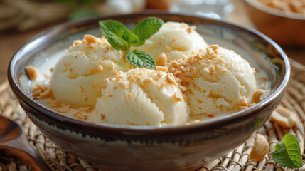 Bowl of vanilla ice cream scoops topped with chopped nuts and mint leaves, showcasing a classic and refreshing dessert.