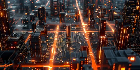 illuminated circuit board with glowing components, over the city skyline at night.