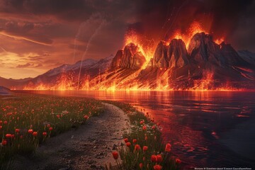 Obraz premium Natural disasters forest fires, volcanic eruptions, and thunderstorms impacting the environment