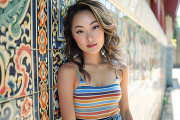 Naklejka premium a woman leaning against a wall with a colorful background