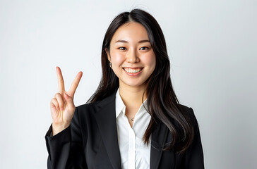 Japanese woman her early mid20s smiling giving peace sign one hand while wearing business casual attire against isolated white background She standing upright appears joyful confident8k real photo
