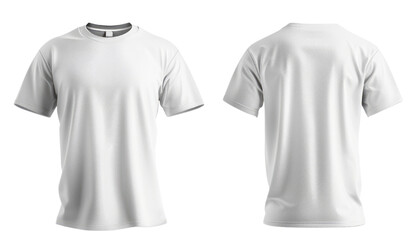 A set of t-shirt mockups, both front and back, are isolated on a transparent background