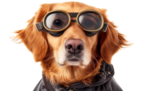 A golden retriever in a vintage pilot outfit with goggles against a transparent background, portraying the dog's head and shoulders in a closeup shot.