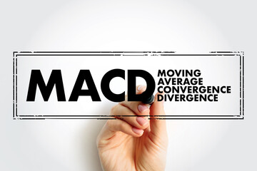 MACD Moving Average Convergence Divergence - trading indicator used in technical analysis of stock prices, acronym text concept stamp