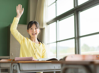 授業中に手を挙げる女子小学生
