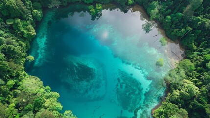 Aerial View of a Lush Green Island Coastline With Turquoise Waters and Coral Reefs