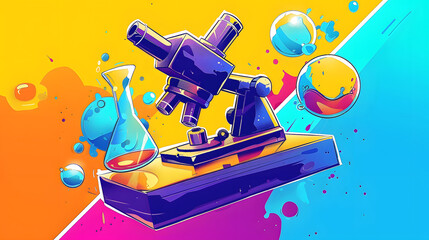 Illustration of a vibrant cartoon laboratory microscope icon in a comic style design serving as a pictogram symbolizing science and discovery in chemistry with a dynamic splash effect for bu