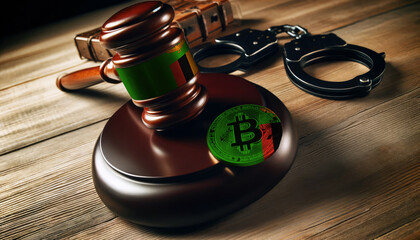 Legal implications of Bitcoin: A gavel, handcuffs, and Bitcoin symbol under the Zambia flag, highlighting regulatory challenges