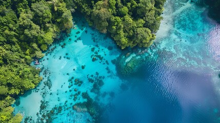 Obraz premium Aerial View of a Lush Green Island Coastline With Turquoise Waters and Coral Reefs