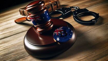 Legal implications of Bitcoin: A gavel, handcuffs, and Bitcoin symbol under the Australia flag, highlighting regulatory challenges