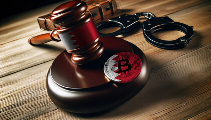 Legal implications of Bitcoin: A gavel, handcuffs, and Bitcoin symbol under the Bahrain flag, highlighting regulatory challenges