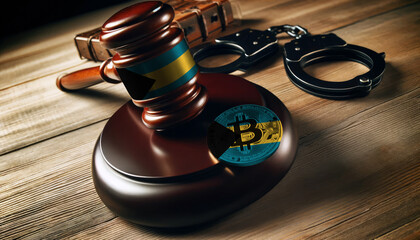 Legal implications of Bitcoin: A gavel, handcuffs, and Bitcoin symbol under the Bahamas flag, highlighting regulatory challenges