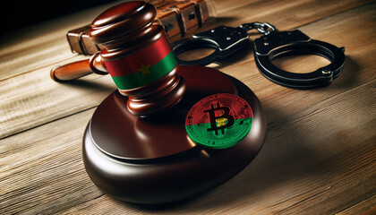 Legal implications of Bitcoin: A gavel, handcuffs, and Bitcoin symbol under the Burkina Faso flag, highlighting regulatory challenges