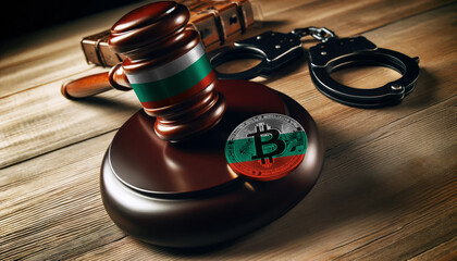 Legal implications of Bitcoin: A gavel, handcuffs, and Bitcoin symbol under the Bulgaria flag, highlighting regulatory challenges