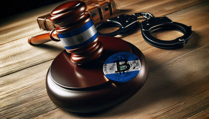 Legal implications of Bitcoin: A gavel, handcuffs, and Bitcoin symbol under the El Salvador flag, highlighting regulatory challenges