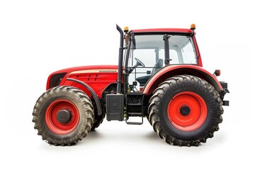 Obraz premium Red farm tractor vehicle wheel white background.
