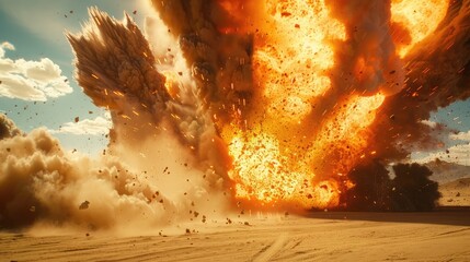 Explosion in a desert setting with sand and fire shooting up