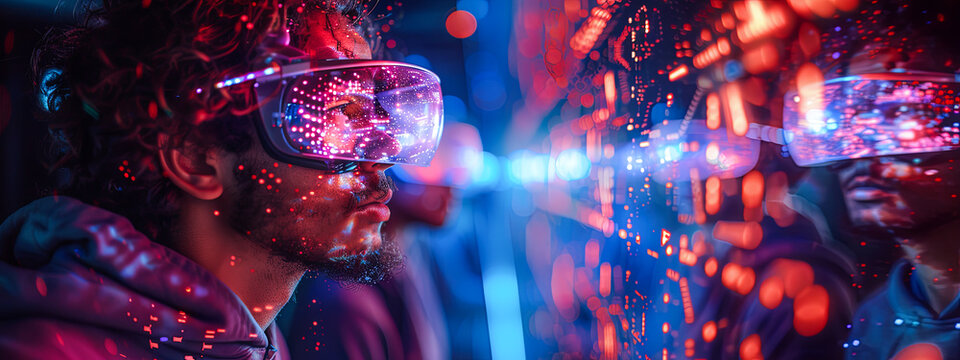 Portrait of a young african american man wearing virtual reality goggles.