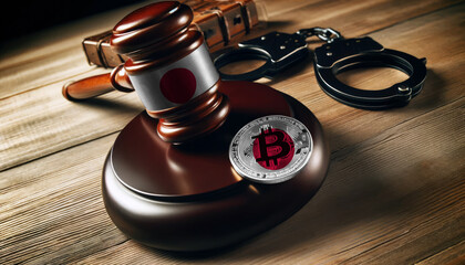 Legal implications of Bitcoin: A gavel, handcuffs, and Bitcoin symbol under the Japan flag, highlighting regulatory challenges