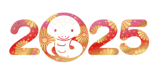 The Year 2025, Year Of The Snake, New Year Greeting Symbol Decorated With Japanese Vintage Patterns. Vector Illustration Isolated On A White Background. 