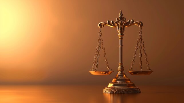 Horizontal banner. International Justice Day. Gold Themis scales in balance on the glowing background. Human rights concept. Free space for text, copy space