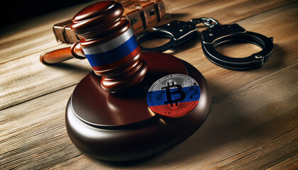 Legal implications of Bitcoin: A gavel, handcuffs, and Bitcoin symbol under the Russia flag, highlighting regulatory challenges