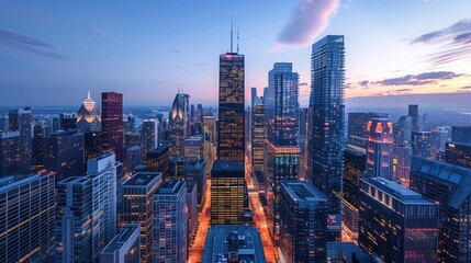 Stunning aerial view of a modern city skyline at dusk, capturing the blend of lights and architecture against the twilight sky.