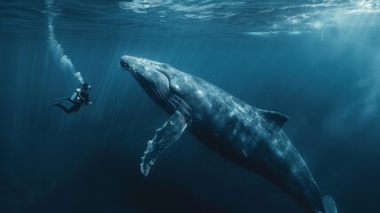 Naklejka premium Diver and Humpback Whale Underwater Encounter in Deep Blue Ocean Capturing the Majestic Beauty and Grandeur of Marine Life