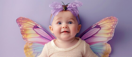 Fototapeta premium A baby girl with butterfly wings and a flower crown smiles brightly.