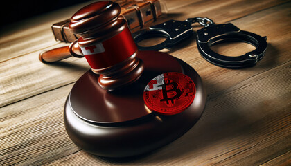 Legal implications of Bitcoin: A gavel, handcuffs, and Bitcoin symbol under the Tonga flag, highlighting regulatory challenges