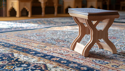 Wooden decorative stand for the Koran, on the floor with a carpet in the mosque