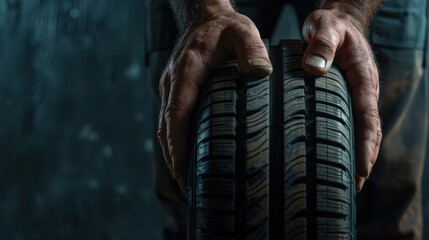 Car tire service and hands of mechanic holding new tyre on black background with copy space for text