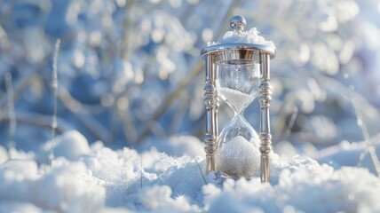 Elegant Silver Hourglass in Snowy Landscape with Sparkling Snowflakes and Soft Sunlight - Concept of Time, Winter, and Tranquility