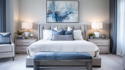 Luxury bedroom interior design with blue pillows on the bed