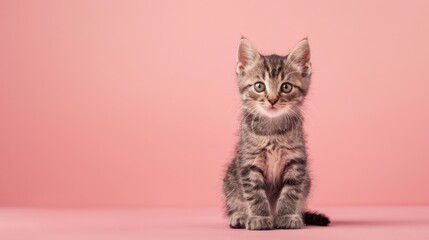 Obraz premium A cute kitten sitting on a solid pastel blush background, space above for text